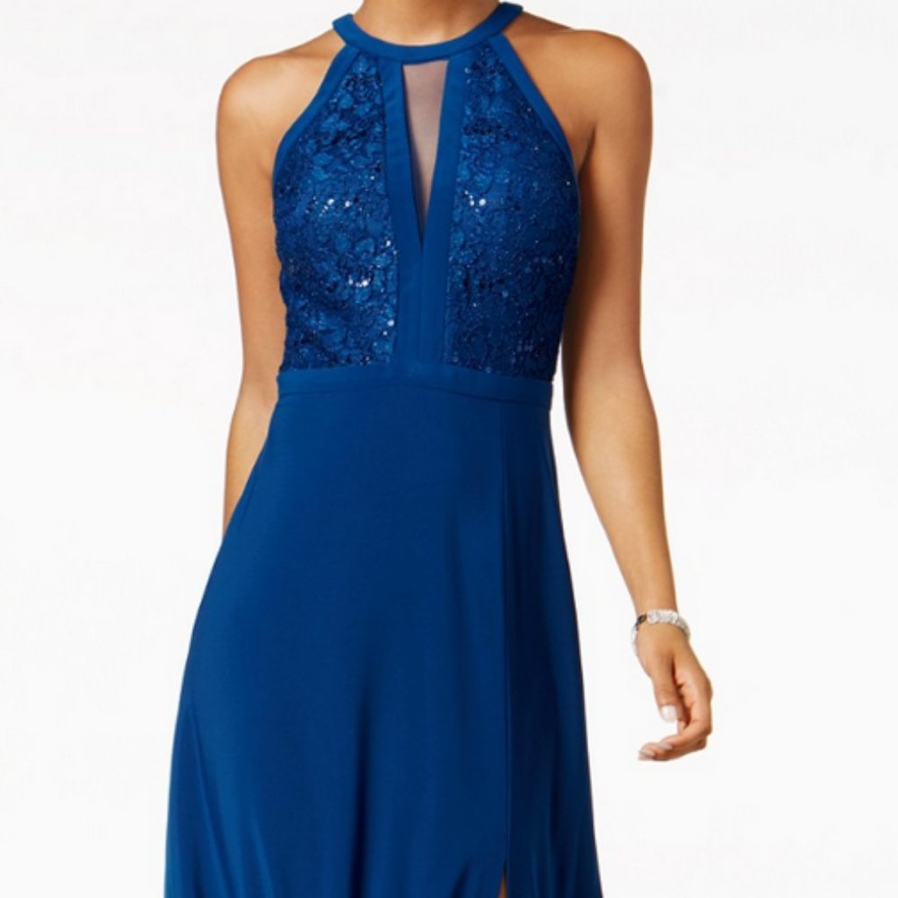 Lace front and back long solid jersey dress